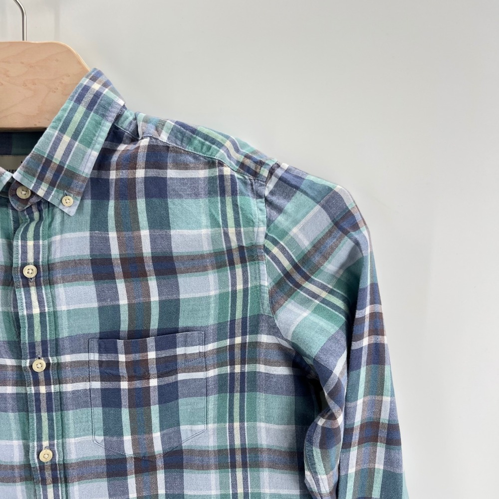 American Eagle Seriously Soft Plaid Shirt Size M Linen Cotton Teal Blue Casual - Picture 4 of 9